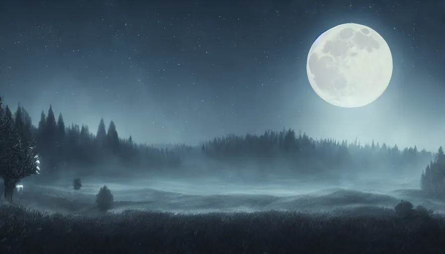 Image similar to a beautiful landscape at night, big moon on the right, stars in the sky, matte painting, dark blue tones, high contrast, intricate details, concept art, 4 k