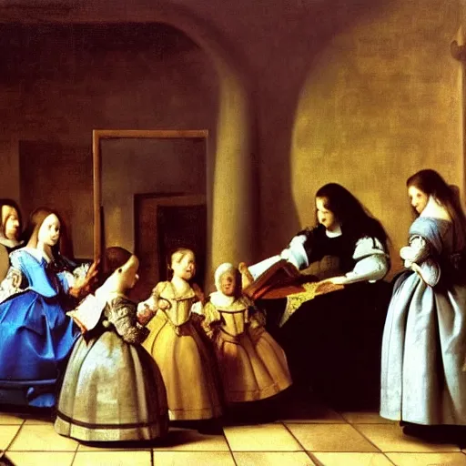 Image similar to las meninas fine art, oil on canvas baroque style 1 6 5 6 by diego velasquez.