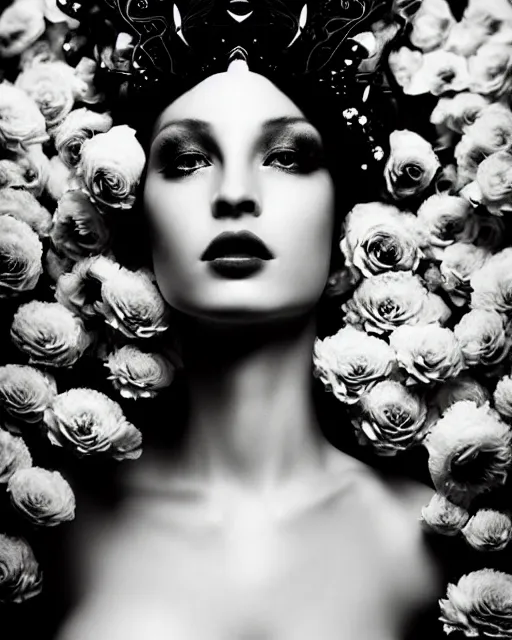 Image similar to a black and white high quality dreamy photo of a young beautiful female queen-pale dragon-vegetal-many flower-cyborg bust with a very long neck, elegant, highly detailed, poetic, soft, dreamy, mysterious, high fashion, rim light, in the style of Ellen von Unwerth, Realistic, Refined, Digital Art, Highly Detailed, Cinematic Lighting, rim light, black and white, photo-realistic, 8K