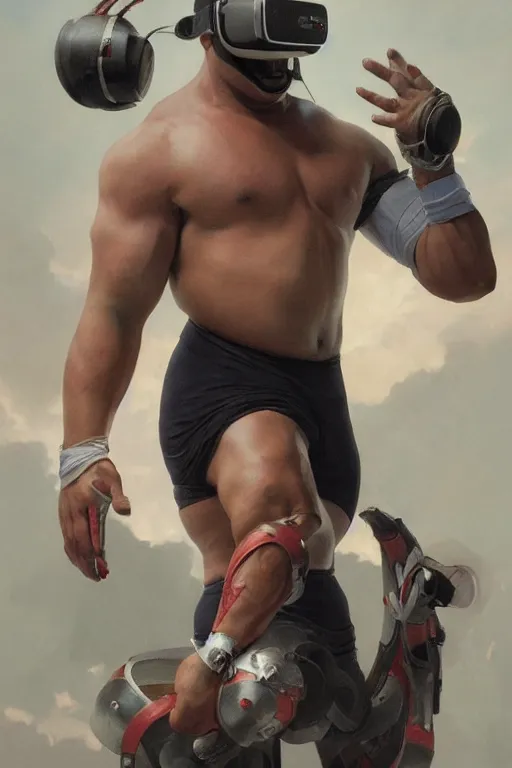 Image similar to painting of a wrestler character wearing vr goggles, shrugging arms, ultra realistic, sharp details, subsurface scattering, intricate details, warm lighting, beautiful features, highly detailed, photorealistic, octane render, 8 k, unreal engine, art by artgerm and greg rutkowski and alphonse mucha