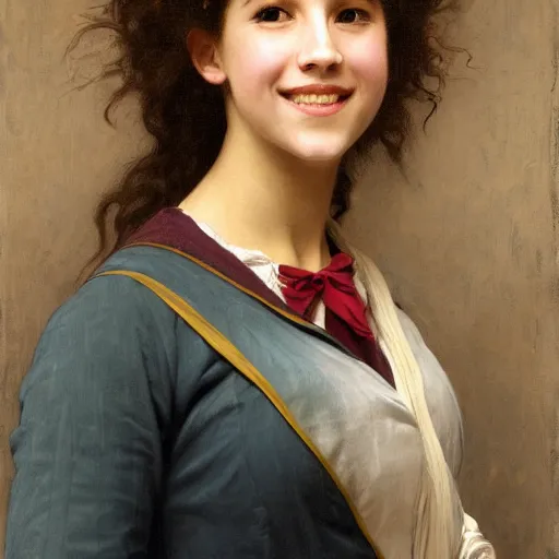 Image similar to painting of claudia vega from eva 2 0 1 1 as hermione granger. smiling. happy. cheerful. art by william adolphe bouguereau. extremely detailed. beautiful. 8 k. award winning.