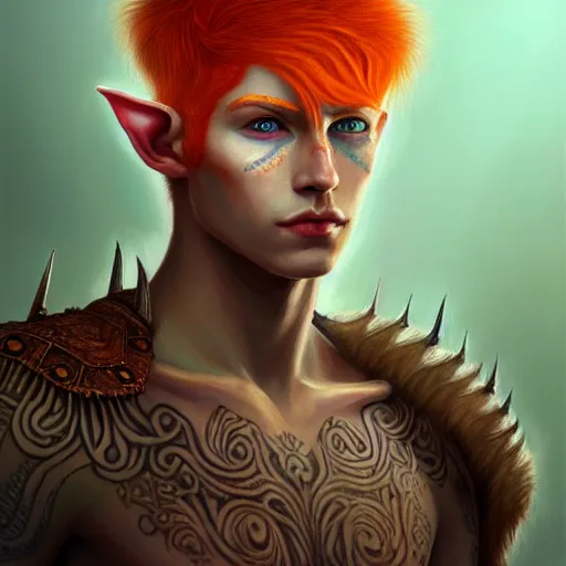 Prompt: portrait painting of an elven young man with short light orange hair and tribal tattoos on his face wearing fur armor, sharp focus, award - winning, trending on artstation, masterpiece, highly detailed, intricate. art by terese nielsen