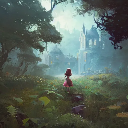 Image similar to a girl encountering a lost overgrown castle in another world. By Sylvain Sarrailh, Repin, and Ruan Jia.
