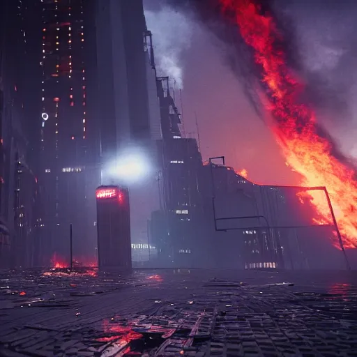 Image similar to a black hole is destroying a gothic cyberpunk City, catastrophic, fire and explosions, the feeling of dread, photorealistic, octane render, unreal engine