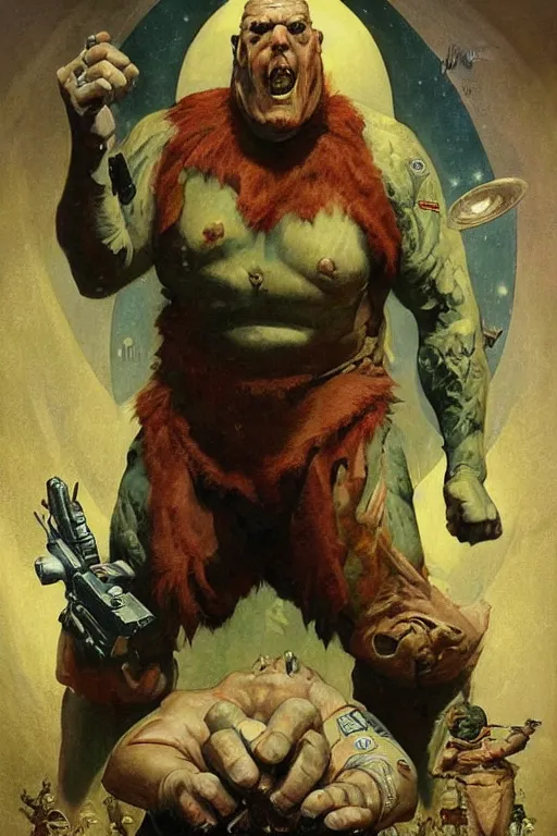 Prompt: 5 0 s pulp scifi fantasy illustration full body portrait martyn ford as huge troll wearing space armou, by norman rockwell, roberto ferri, daniel gerhartz, edd cartier, jack kirby, howard v brown, ruan jia, tom lovell, frank r paul, jacob collins, dean cornwell, astounding stories, amazing, fantasy, other worlds