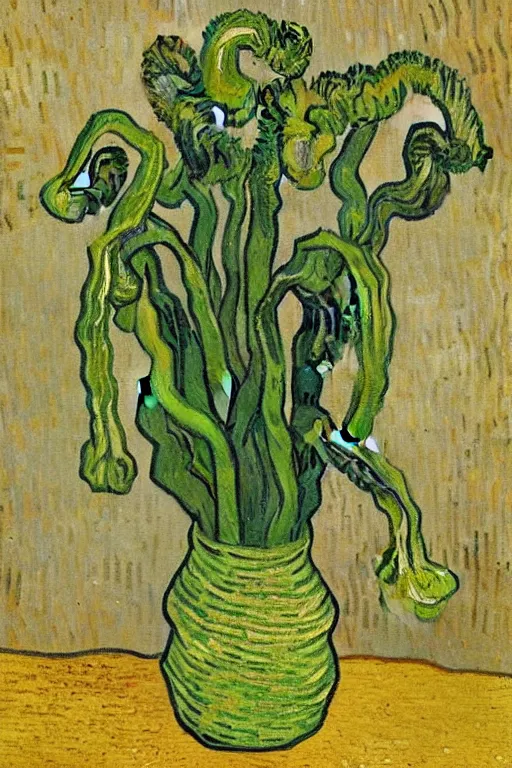 Image similar to Fiddleheads, painted by Vincent Van Gogh (1890), oil on canvas, detailed brushstrokes