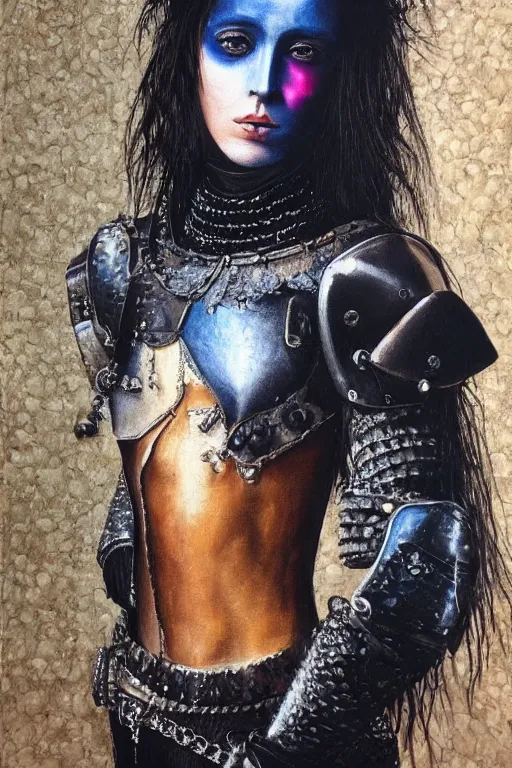 Image similar to hyperrealism oil painting, close - up portrait of punk gothic medieval brunette fashion model, knight, steel gradient mixed with nebula sky, in style of baroque