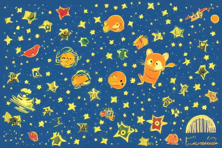 Prompt: night starry sky full of logo designs, style of henri rousseau and richard scarry and hiroshi yoshida