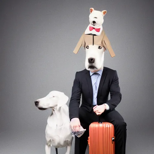 Image similar to a serious adult business man with dog head as head, suitcase in his hand, serious clothing, photography in studio, award winning photo