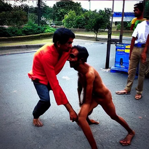 Image similar to “Indian man fighting human sized stretch Armstrong, award winning photo”