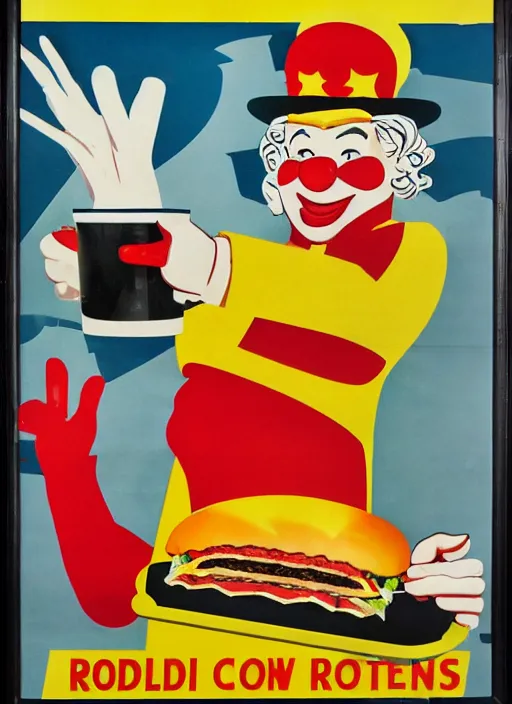 Image similar to cold war civil defense poster, for ronald mcdonald holding a tray of burgers,