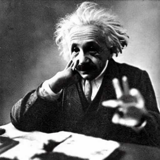 Image similar to einstein getting high, sticking his tongue out and doing sign of the horns