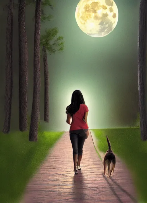 Image similar to young beautiful brown woman walking with her dog in a park at night with a full moon, illustration, photoreal, fantasy, trending. masterpiece work of art . oil on canvas. Digitally painted. Realistic. 3D. 8k. UHD.