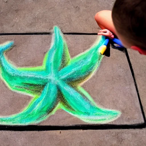 Prompt: Chalk drawing of a starfish holding seaweed. Child drawing chalk on brick wall.