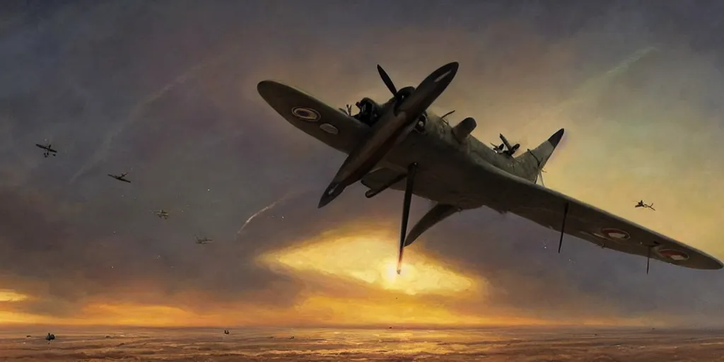 Image similar to normandy!!!!!, 1 9 4 5, airplanes bombing the beach, sunset, sadness, ( ( painting ) ) by jessica rossier and ivan shishkin, ultra realistic!!!, d - day, smoke, highly detailed, the landings, soldiers charging in, chaos!!!, fire, cinematic, wide shot, destroyed tanks, ray tracing