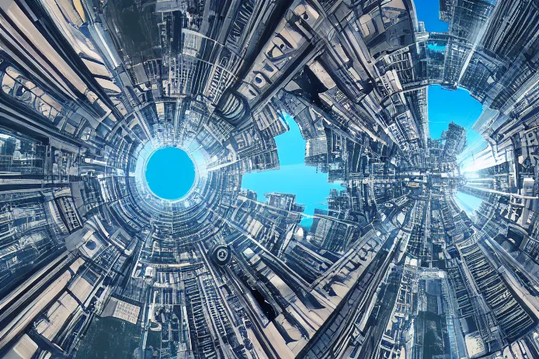 Image similar to futuristic upside down city on a tiny planet, 4 k, realistic, high detail