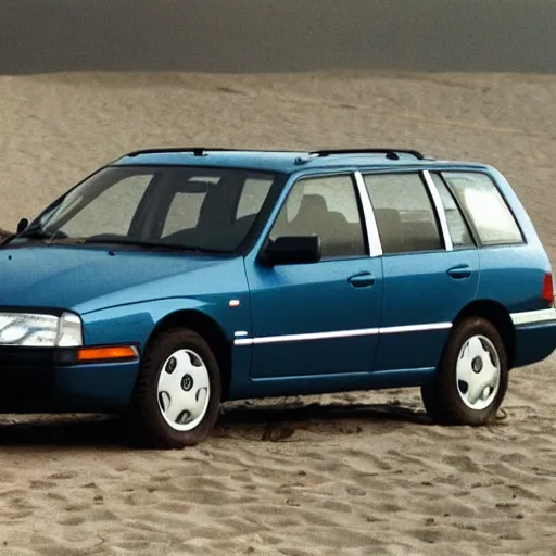 Prompt: vhs footage of a 1995 volvo car parked in the parking lot of a beach