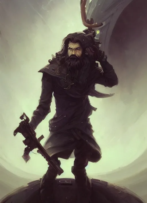 Image similar to low angle picture of a weapon master, holding a ego weapons to the camera, long black jacket, neat white beard and hair, bored, tired, ego weapons all over the place, smoking with squat down pose, highly detailed face, deep eyes, intricate, masterpiece, epic fantasy illustrations by peter mohrbacher and anato finnstark and jeremy lipking