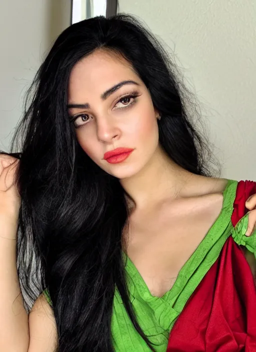 Image similar to a portrait of the most beautiful woman in the world with long black hair that extends past her waist with locks of hair that frame her face down to her chin and shows off her high forehead, dark brown eyes with long, voluminous eyelashes and pale skin, narrow waist and very large chest, wearing a revealing red V-neck blouse a loose sarong with the green symbol of the Kuja adorned on it, along with a white cape sporting epaulettes more commonly found on the jackets of high-ranking Marines, and red high heel pumps, pink hearts in the background , romantic themed, beautiful face, intricate, highly detailed, digital painting, artstation, concept art, smooth, sharp focus, illustration