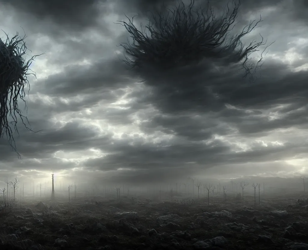 Image similar to the tendrils of a dormant god extending up into the sky, volumetric lighting, unreal engine 5, harrowing apocalyptic atmosphere, photorealistic, unnerving, hyperdetailed 3d matte painting, hyperrealism, hyperrealistic, cinematic masterpiece, fantasy horror style 8k ultrahd octane render