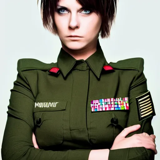 Image similar to brunette woman, bright green eyes, short hair, flipped out hair, military uniform, serious