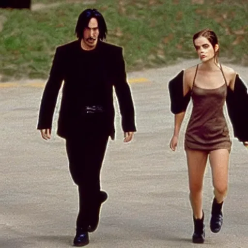 Image similar to keanu reeves and emma watson in the matrix 4