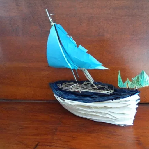 Image similar to my buddy buying a sailboat, paper mache, detailed