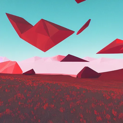 Prompt: tundra landscape with giant red low-poly structures floating in the sky