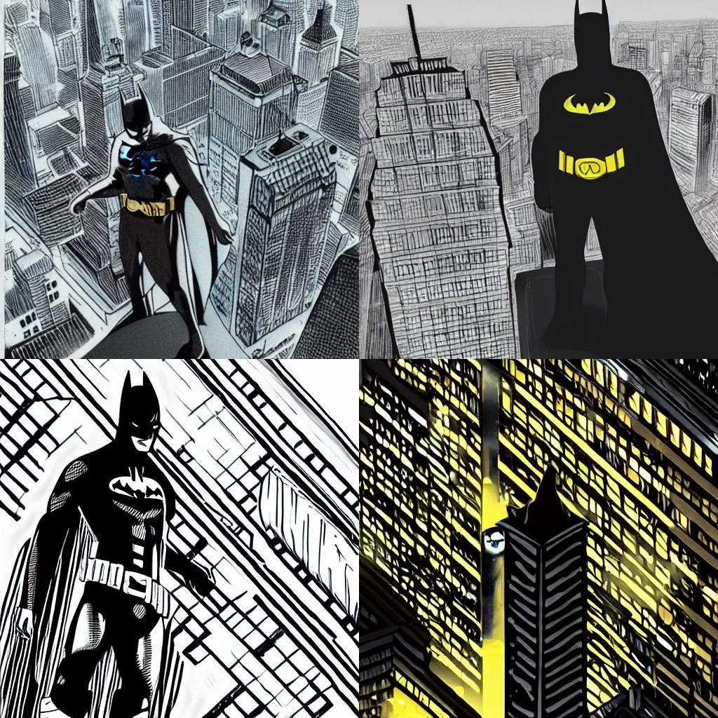 Prompt: Tim burtons batman on top of skyscraper at night time in the style of Klemens Franz