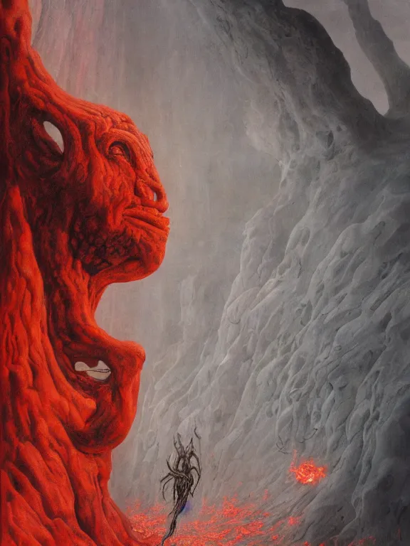 Image similar to wayne barlowe painting of a flying sorrowful looking severed human head with tears running down it's eyes, face that is chalk white in color, with long white tentacles stemming from it's neck, fiery scorching red eyes, background sprawling terrifying hellish cave with lava flowing through it's walls, 4 k