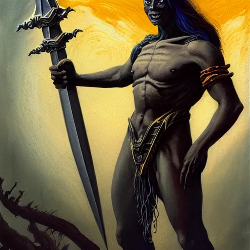 Image similar to ( ( ( half length portrait of yellow - skinned alien githyanki warrior holding a magical silver sword, in the astral plane ) ) ), d & d, fantasy, medieval, greg rutkowski, frank frazetta, alexandre chaudret, boris vallejo, michael whelan, miro petrov, hr giger, magali villeneuve, donato giancola