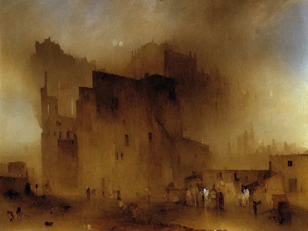 Image similar to sandstorm in the old village. Painting by Turner, Bosch