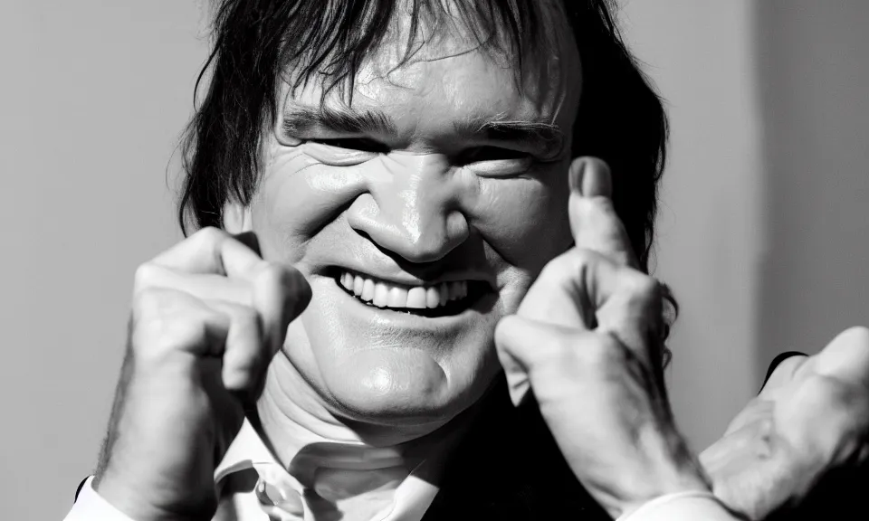 Image similar to Quentin Tarantino smiling at the camera while a female toe is approaching to his mouth. Cinematic lighting. 4k ultra hd. Portrait. Low lights nightclub background.