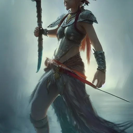 Prompt: A beautiful portrait of a pretty warrior princess holding a spear, cinematic, fantasy character portrait, epic fantasy, in the style of Akihikio Yoshida. 3d with depth of field, blurred background. female. nautilus. A highly detailed epic cinematic concept art CG render. made in Blender and Photoshop, octane render, excellent composition, cinematic dystopian brutalist atmosphere. dynamic lighting. dramatic lighting. cinematic lighting. aesthetic. stylized. very inspirational. Golden hour. detailed. hq. realistic. warm light. vibrant color scheme. highly detailed. muted colors. Moody. Filmic. Dreamy