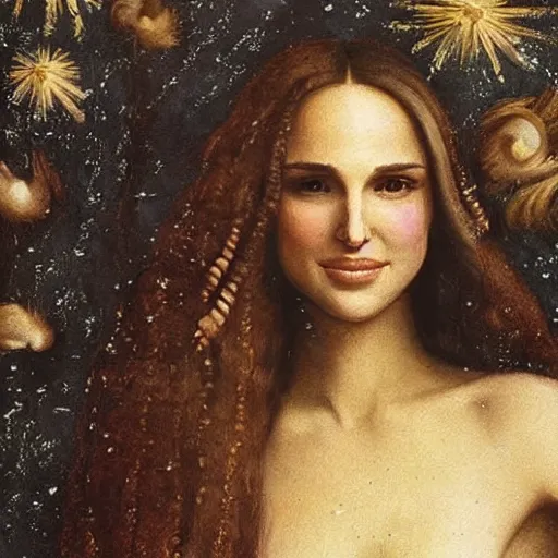 Image similar to natalie portman with indigo hair planting seeds in a winter wonderland, painting by leonardo da vinci