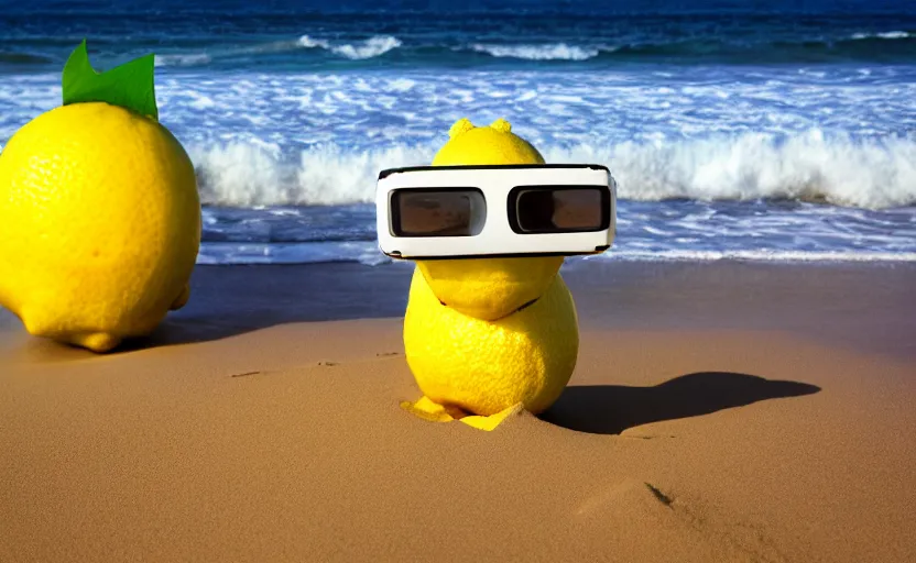 Image similar to a photograph, of a real anthropomorphic lemon cartoon character, it has lemon skin texture, otand a vr goggles, it's building a sandcastle on the beach at sunset, beach, huge waves, bright sun, turbid clouds, rainbow, tropical trees, rim light, sand, sandcastle, volumetric lightening, pentax k 1 0 0 0