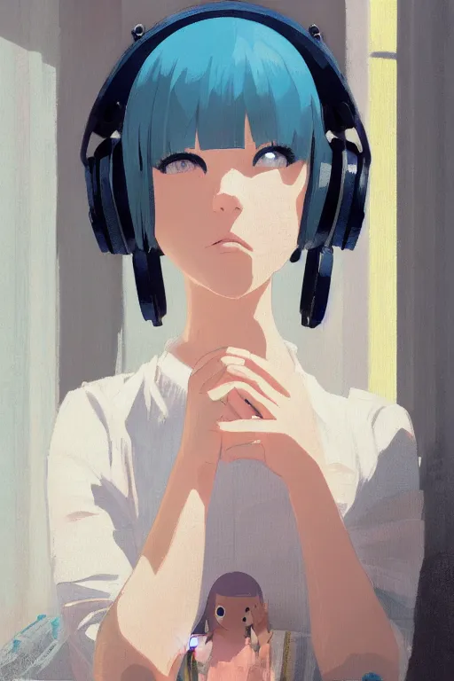 Image similar to a cute young woman sitting in a white bubble chair listening to music with her eyes closed and wearing headphones, white bob cut hair, freckles, cozy setting, blue and white, warm lighting, cinematic, moody, nier automata, poster, oil on canvas, in the style of Ilya Kuvshinov, Krenz Cushart, Range Murata, Eero Aarnio, 8k