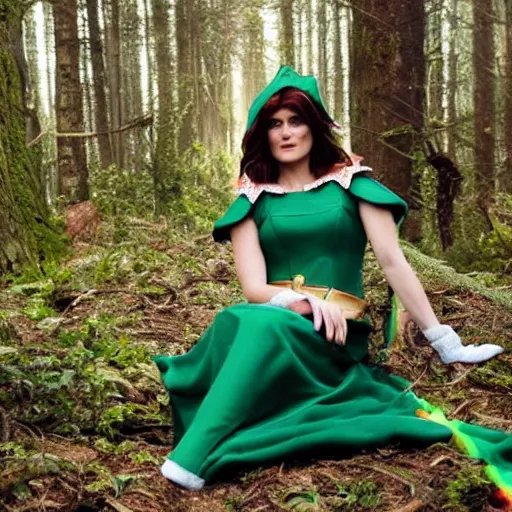 Image similar to photograph of gemma arterton, dressed as an elf in a long rainbow wedding gown, sitting in a colorful forest