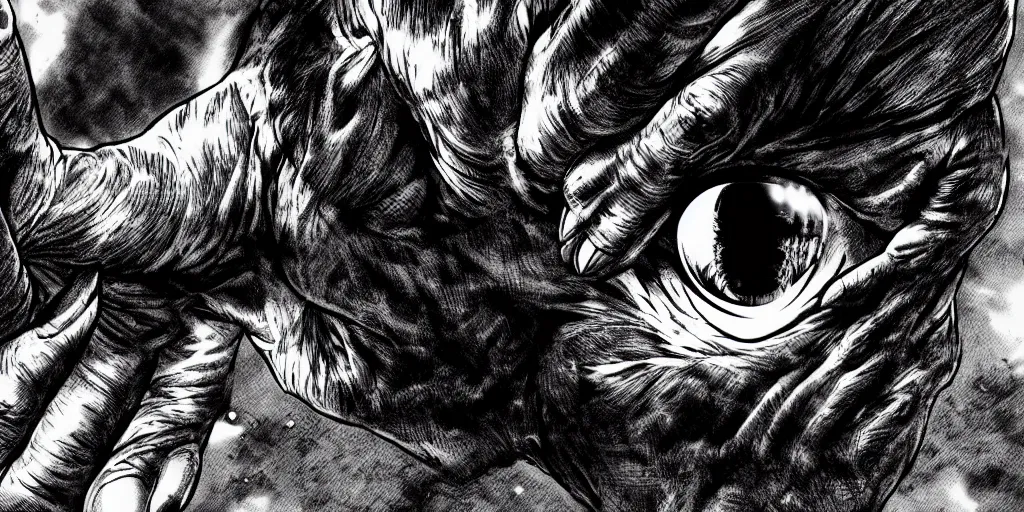 Image similar to a giant hand catches an eyeball, berserk, 4 k resolution, comic style ， by miura kentaro, ultra detailed,