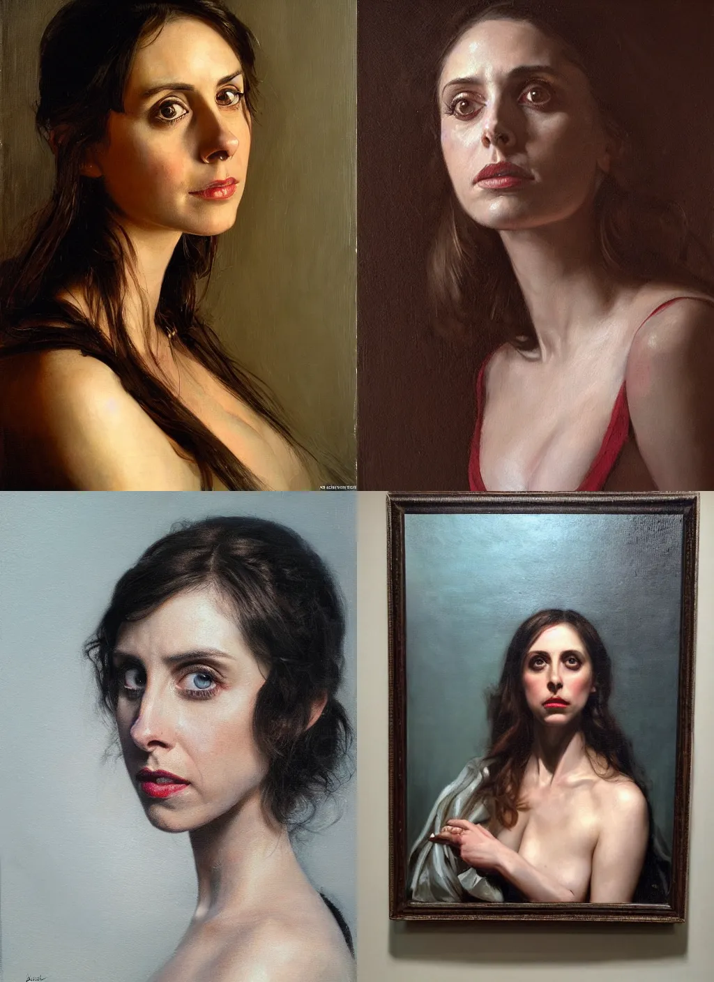 Prompt: unnerving realistic oil painting portrait of Alison Brie by Jan Matejko’s Stanczyk, realistic, dramatic backlighting