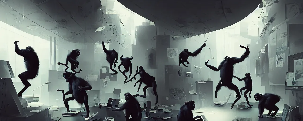 Image similar to duotone noir concept illustration of group wild and crazy chimps ruining inside of modern office computer rooms, octane render, concept hideo kojima surreal atmosphere, volumentric lighting. cosmic horror. accidental renaissance. by sachin teng and sergey kolesov and ruan jia and heng z. graffiti art, scifi, fantasy, hyper detailed. trending on artstation