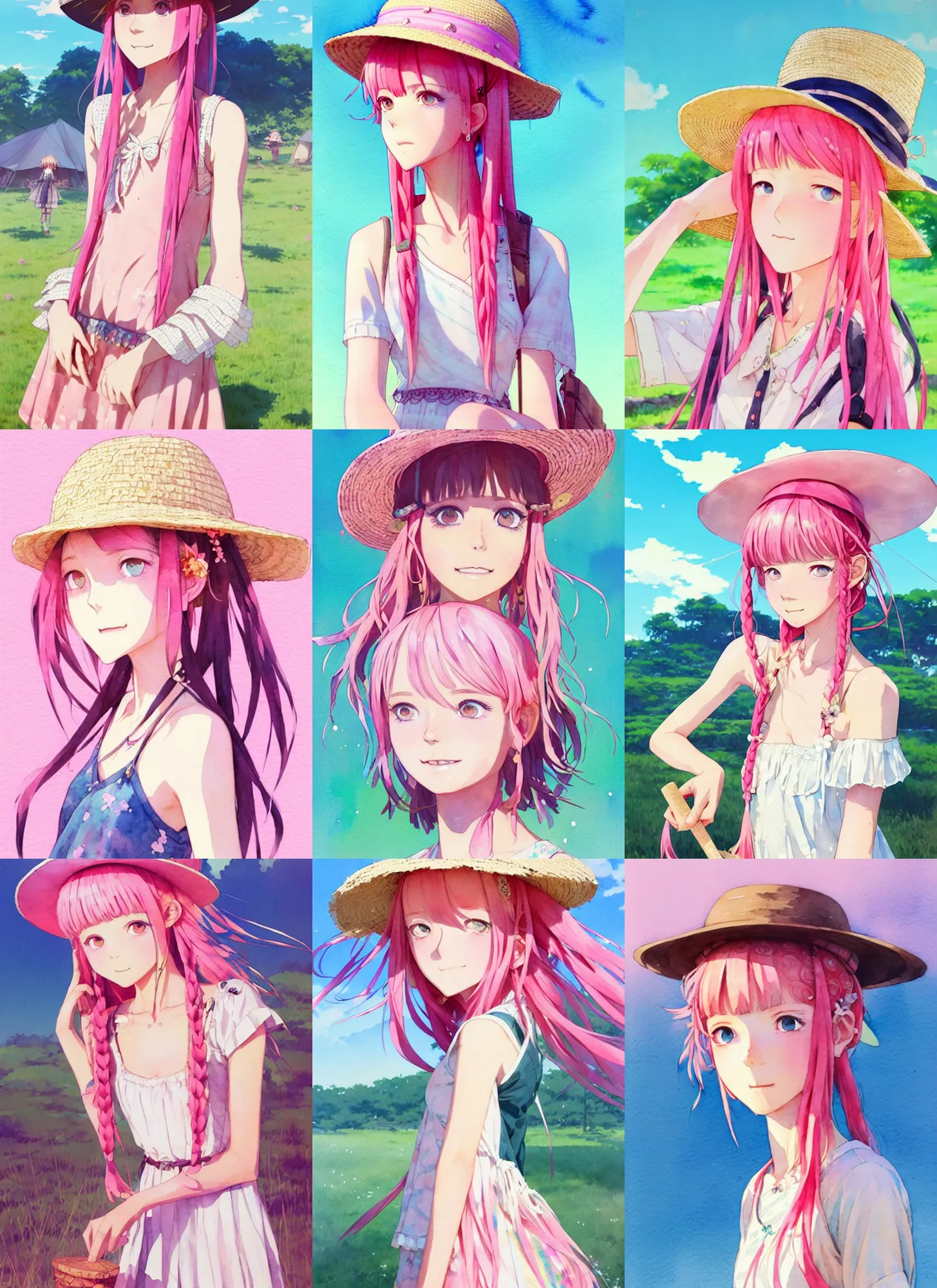 Prompt: portrait of a cute girl with pink hair with straw hat dress in boho style camping, symmetry face, top lighting, cute - fine - face, ( watercolor ), light novel cover art, art by hidari and krenz cushart and wenjun lin and starember and kuvshinov ilya and kidmo and conrad roset and and makoto shinkai