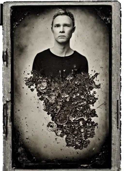 Image similar to old wetplate daguerreotype portrait wretched war by damian hirst, explosion of data fragments, fractal, intricate, elegant, highly detailed, parallax, leica, medium format, subsurface scattering, by marie harnett