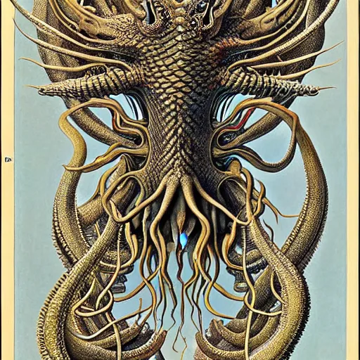 Image similar to hyperrealistic detail atlas of cthulhu creatrues by james audubon ernst haeckel