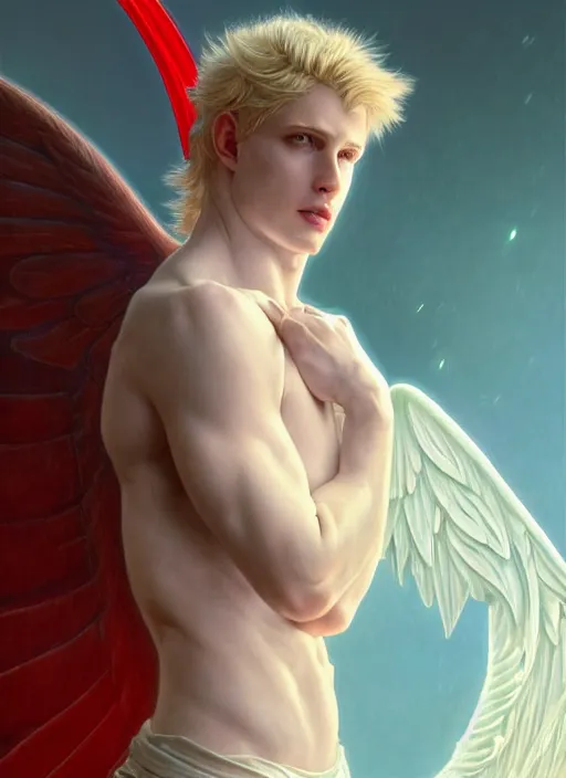 Prompt: the pale blond male angel of battle apollo smirking, sci fi, glowing eyes, volumetric lights, red and cyan theme, art nouveau botanicals, intricate, highly detailed, digital painting, artstation, concept art, smooth, sharp focus, cinematic, illustration, beautiful face, art by artgerm and greg rutkowski and alphonse mucha