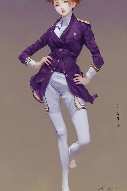 Image similar to Full View of Eunha from Viviz and gFriend with short hair wearing a purple military uniform and short puffy pants, white leggings, Golden Ribbon, and a billowy scarf. Rhythmic gymnastics poses, goddess. masterpiece 4k digital illustration by Ruan Jia and Mandy Jurgens and Artgerm and greg rutkowski, award winning, Artstation, art nouveau aesthetic, Alphonse Mucha background, intricate details, realistic, panoramic view, Hyperdetailed, 8k resolution, intricate art nouveau