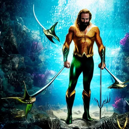 Prompt: aquaman with the face of Nicholas Cage, ocean, cinematic, HD