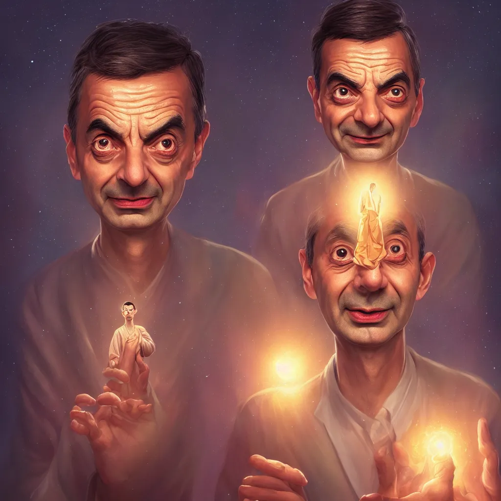 Image similar to Portrait of Mr Bean reaching enlightenment and becoming one with the universe, highly detailed, concept art, illustration, cinematic, artstation, digital painting, mystical, zen