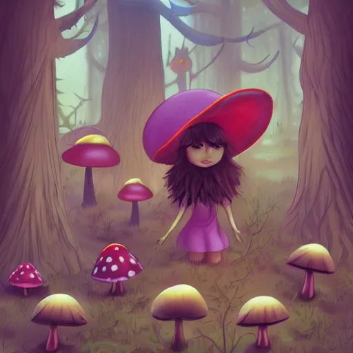 Prompt: cute forest witch gathering mushrooms, digital 2d, art direction, artstation