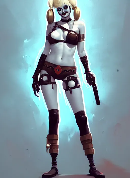 Image similar to portrait of cute harley quinn in cyber bikini armor, warhammer, cyberpunk, by atey ghailan, by greg rutkowski, by greg tocchini, by james gilleard, by joe fenton, by kaethe butcher, by gustav klimt, dynamic lighting, gradient light blue, brown, blonde cream and white color in scheme, grunge aesthetic